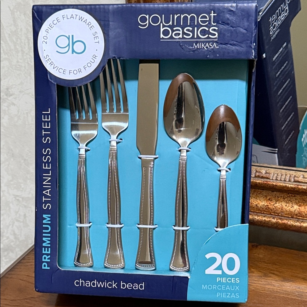 Gourmet Basics by Mikasa Stainless Steel 20 Piece Flatware Set. (Chadwick Bead).